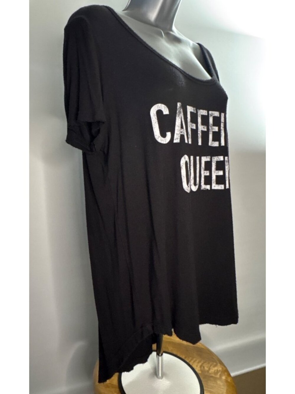 Knit Riot Caffeine Queen Coffee Lover Distressed Women's Black Scoop Neck Tee - Picture 3 of 8